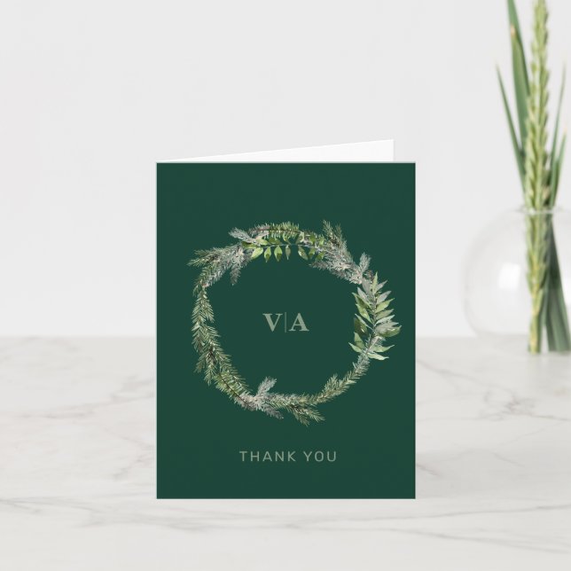 Winter Pine Green with Wedding Monogram Note Card (Front)