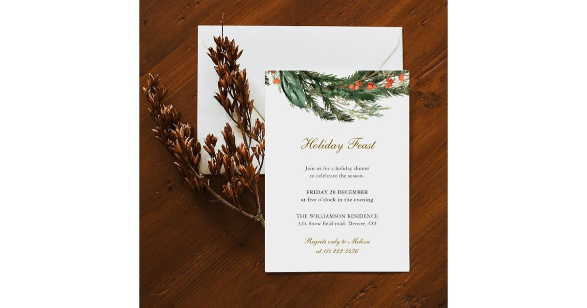 Winter Pine Greenery Holiday Feast Invitation | Zazzle