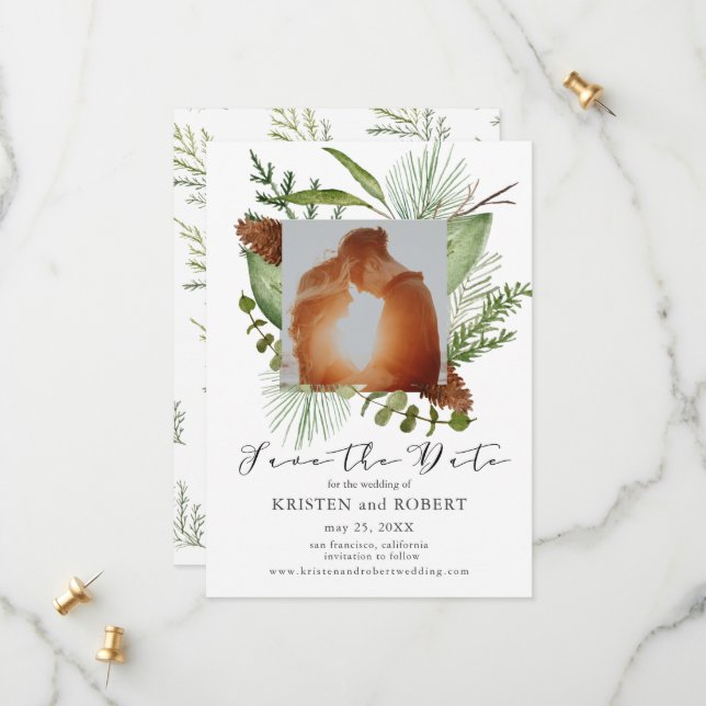 Winter Pine Greenery Photo Save The Date Card (Front/Back In Situ)