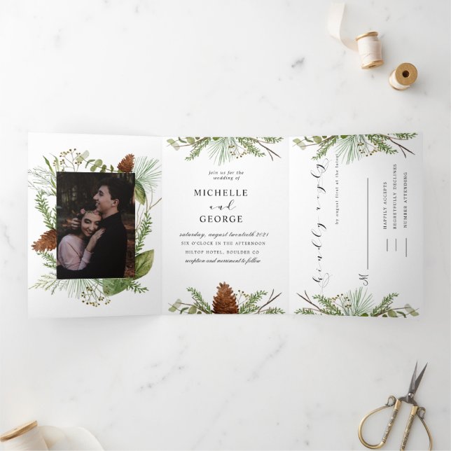 Winter Pine Greenery Tri Fold Wedding Invitation (Inside)