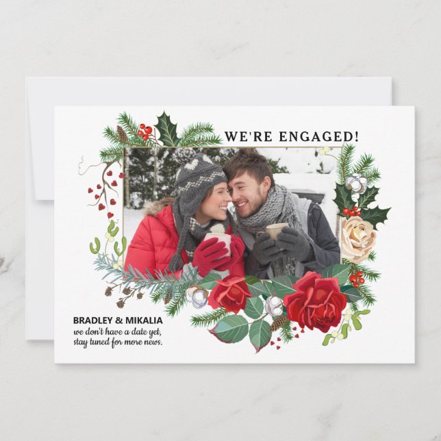 Winter Pine Holly Photo Engagement Announcement (Front)