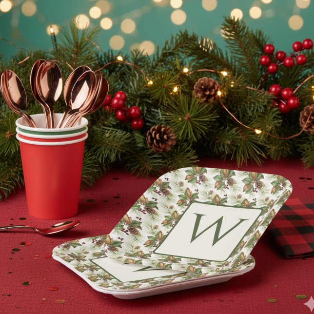Winter Pine Magnolia Foliage Monogrammed Holiday Paper Plates (Holiday monogram paper party plates)