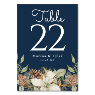 Winter Pine Navy Blue Wedding Table Number Cards