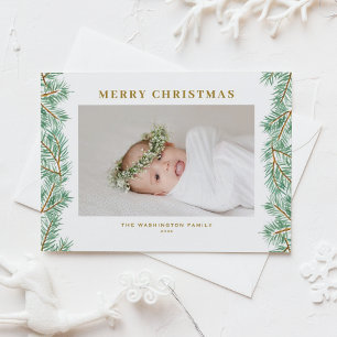 Winter Pine Needles Garland Photo Merry Christmas Holiday Postcard