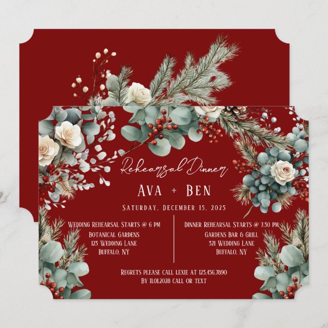 Winter Pine Needles Red Berries Rehearsal Dinner Invitation (Front/Back)