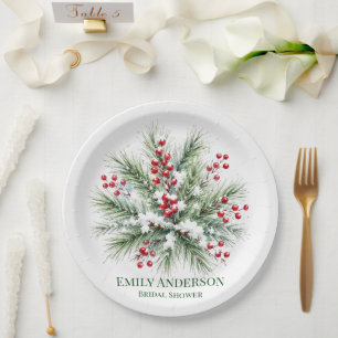 Winter Pine & Red Berry Bridal Shower Paper Plates