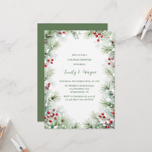 Winter Pine & Red Berry Couples Shower Invitation (Front/Back In Situ)