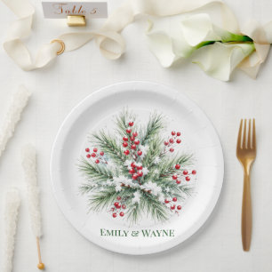 Winter Pine & Red Berry Wedding Paper Plates