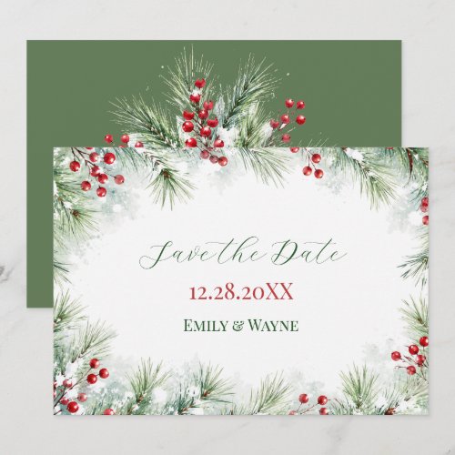 Winter Pine & Red Berry Wedding Save The Date
