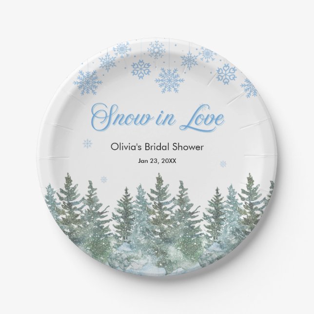 Winter Pine Snow in Love Snowflakes Bridal Shower Paper Plates (Front)