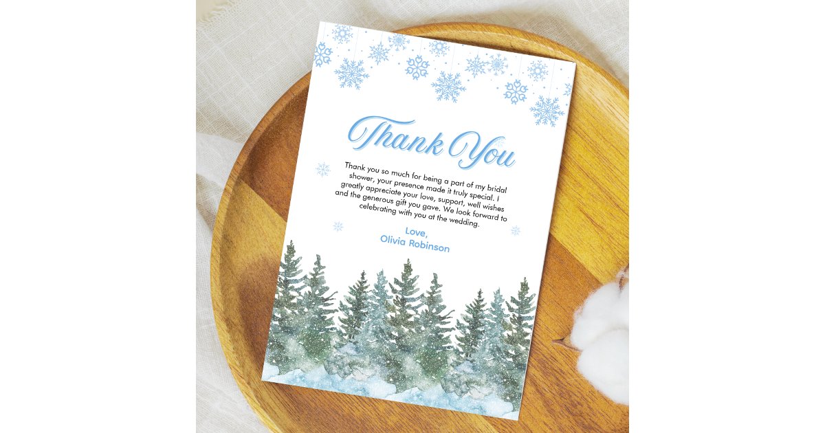 Winter Pine Snow in Love Snowflakes Bridal Shower Thank You Card | Zazzle