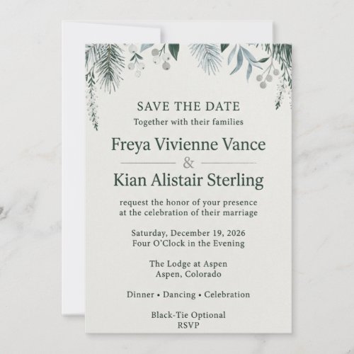 Winter Pine & Snowberry Evergreen Save the Date Invitation