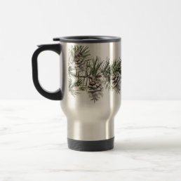 Winter Pine Tree Branch &amp; Pine Cones Travel Mug