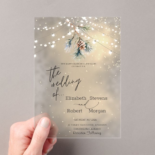Winter Pine Tree Cone String Lights Wedding Acrylic Invitations (Insitu (Handheld))