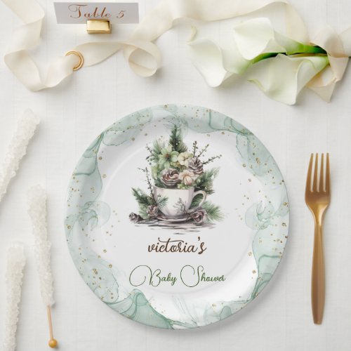 Winter Pine Tree Floral Baby Shower  Paper Plates