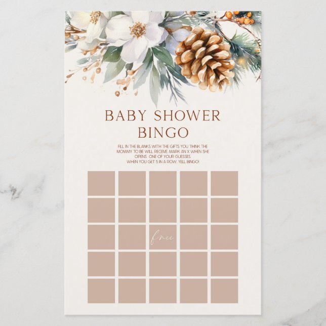 Winter Pine Tree Floral Bingo Baby Shower Game (Front)