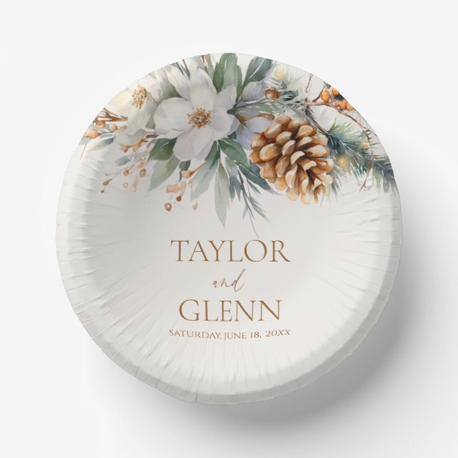 Winter Pine Tree Flower Floral Garden Wedding Paper Bowls (Front)