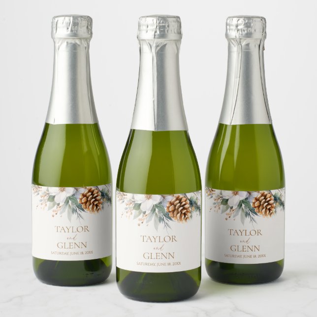 Winter Pine Tree Flower Floral Garden Wedding Sparkling Wine Label (Bottles)