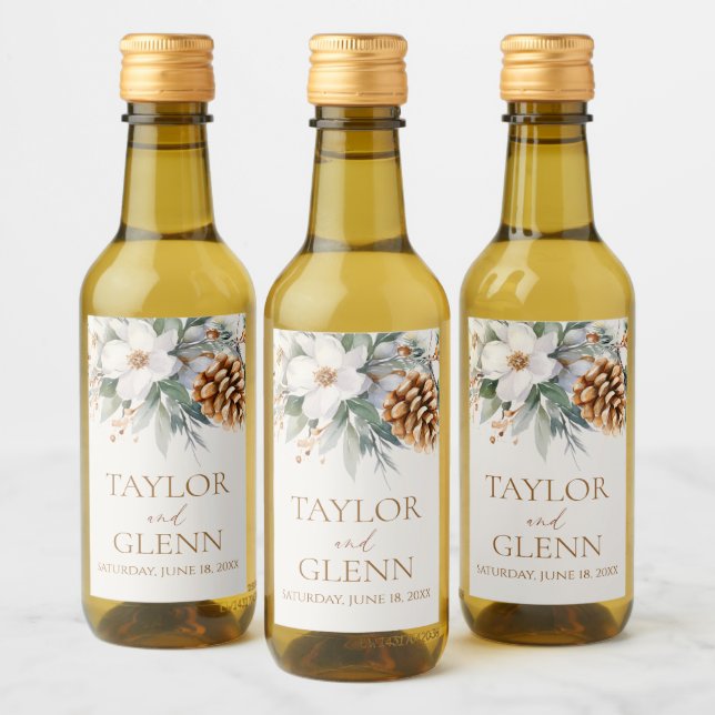 Winter Pine Tree Flower Floral Garden Wedding Wine Label (Bottles)