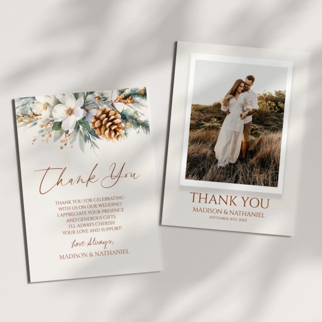 Winter Pine Tree Flowers Floral Custom Photo Thank You Card (Creator Uploaded)