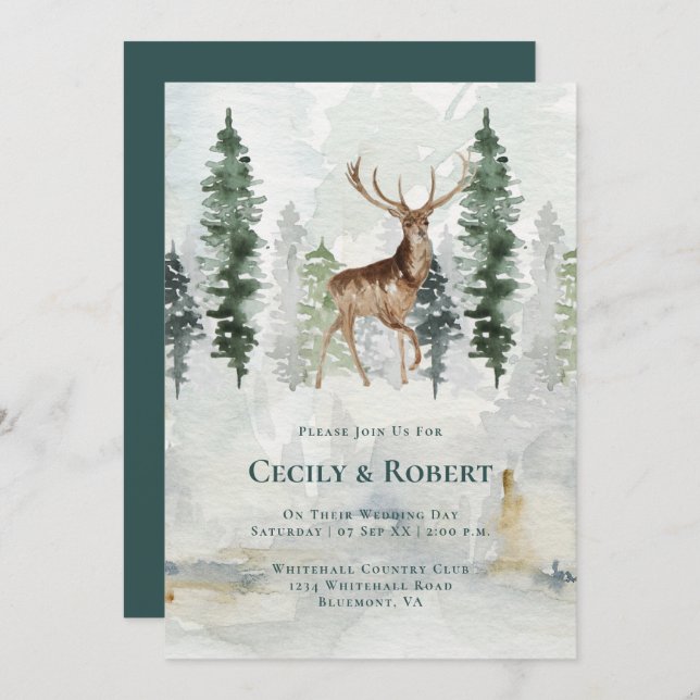 Winter Pine Tree Forest Deer Antlers Wedding Invitation (Front/Back)