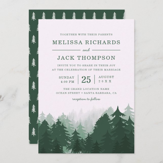 Winter Pine Tree Forest Green Rustic Wedding Invitation (Front/Back)