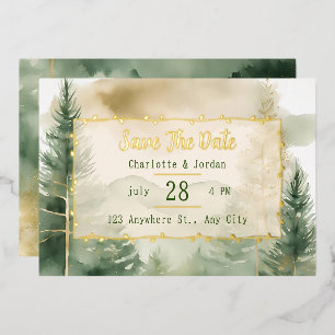 Winter Pine Tree Forest Monogram Save The Date Foil Invitation