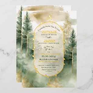 Winter Pine Tree Forest Monogram Wedding Foil Invitation