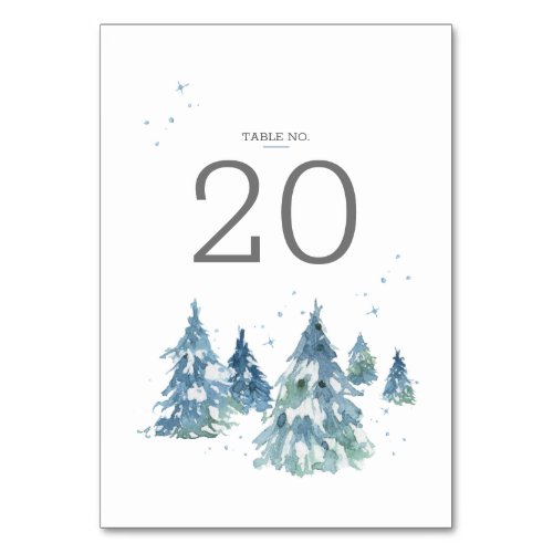 Winter Pine Tree Forest Watercolor Wedding Table Number