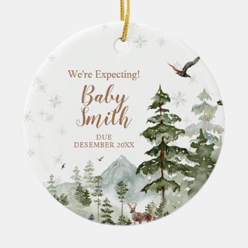 Winter Pine Tree Forest Were Expecting Parents Ceramic Ornament