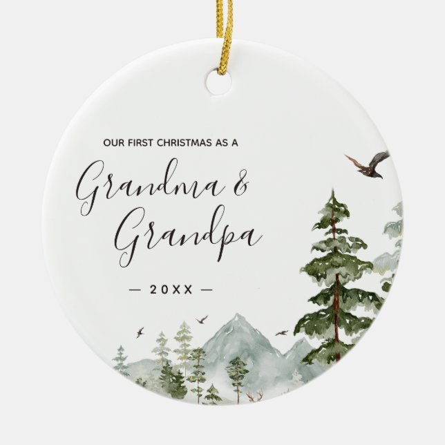 Winter Pine Tree Grandma Grandpa First Christmas Ceramic Ornament (Front)