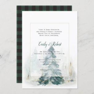 Winter Pine Tree Green Buffalo Plaid Wedding Invitation