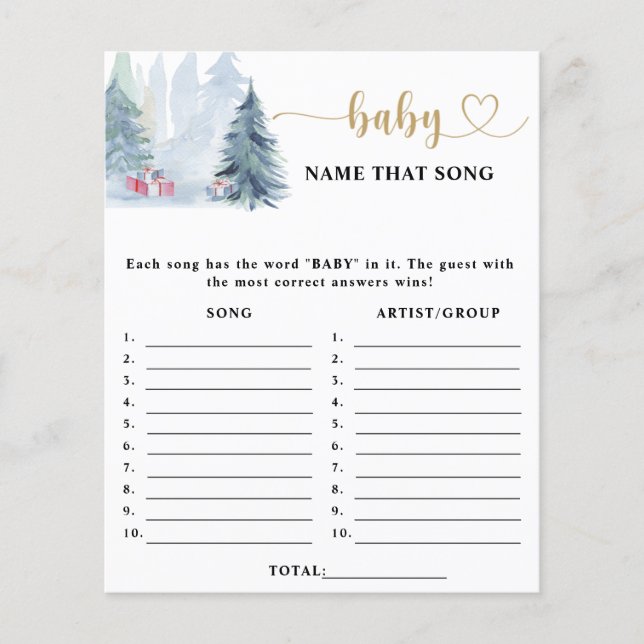 Winter pine tree Name that song baby shower game (Front)