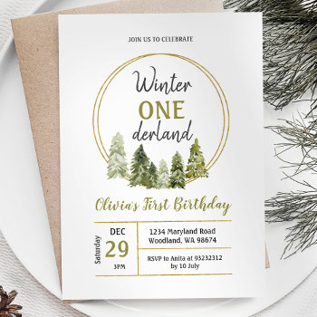 Winter Pine Tree Onederland Birthday Invitation by HappyPartyStudio at Zazzle