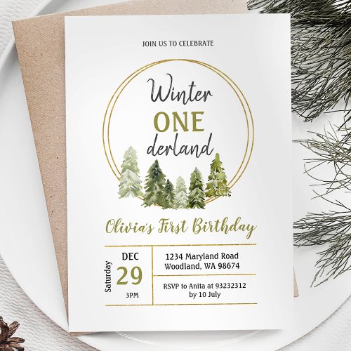 Winter Pine Tree ONEderland Birthday invitation