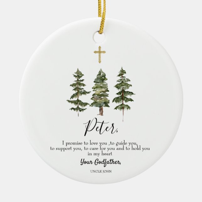 Winter Pine Tree Personalised Promise to Godchild Ceramic Ornament (Front)