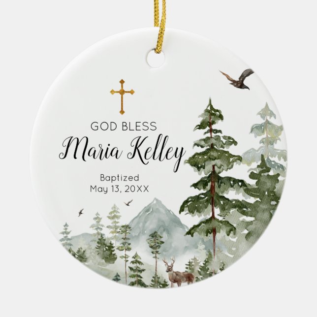 Winter Pine Tree Personalized Girl Baptism Ceramic Ornament (Front)