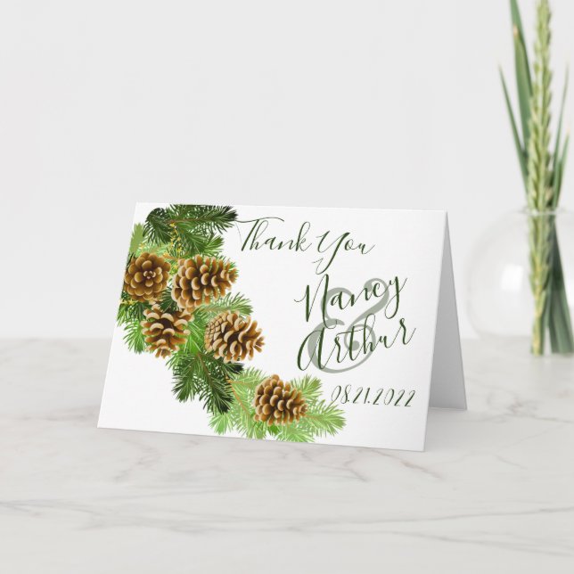 Winter Pine Tree & Pine Cones Wedding Letterpress Thank You Card (Front)