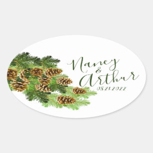 Winter Pine Tree & Pine Cones Wedding Oval Sticker