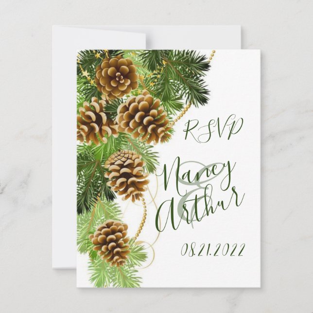 Winter Pine Tree & Pine Cones Wedding RSVP Card (Front)