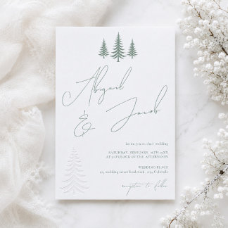 Winter Pine Tree Script Names Wedding Letterpress Invitation