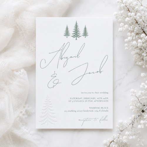 Winter Pine Tree Script Names Wedding Letterpress Invitation