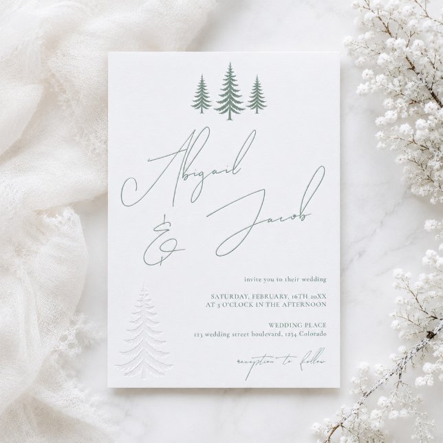 Winter Pine Tree Script Names Wedding Letterpress Invitation (Winter Pine Tree Script Names Wedding Letterpress Invitation)