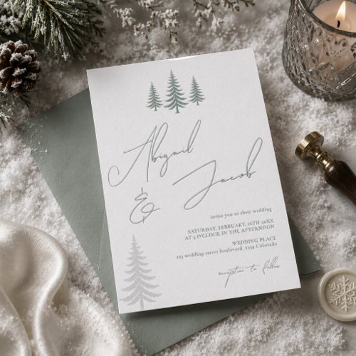 Winter Pine Tree Script Names Wedding Letterpress Invitation
