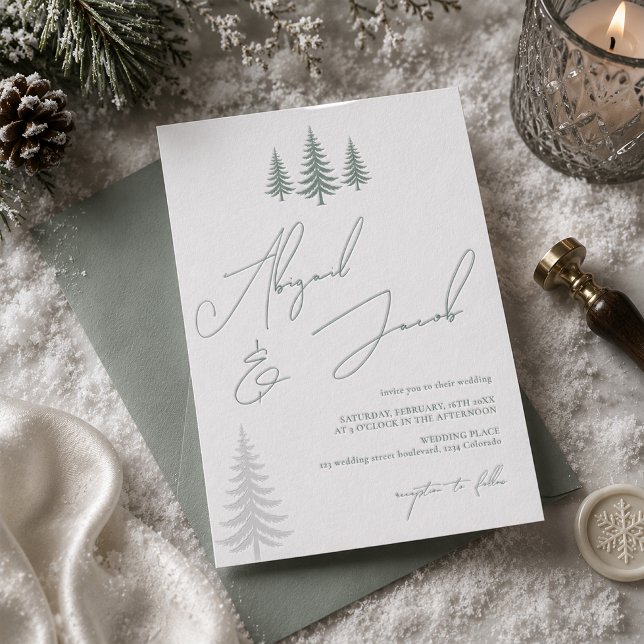 Winter Pine Tree Script Names Wedding Letterpress Invitation (Winter Pine Tree Script Names Wedding Letterpress Invitation)
