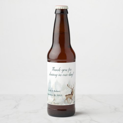 Winter Pine Tree Snow Covered Stag Wedding Beer Bottle Label