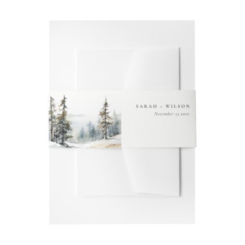 Winter Pine Tree Snow Landscape Watercolor Wedding Invitation Belly Band