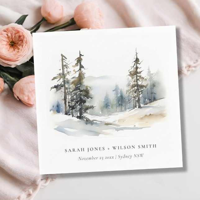 Winter Pine Tree Snow Landscape Watercolor Wedding Napkins (Creator Uploaded)