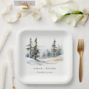 Winter Pine Tree Snow Landscape Watercolor Wedding Paper Plates