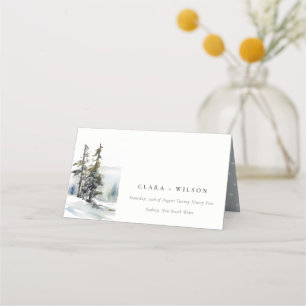 Winter Pine Tree Snow Landscape Watercolor Wedding Place Card